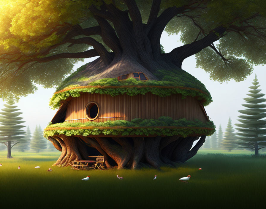 Whimsical treehouse with round window in serene forest