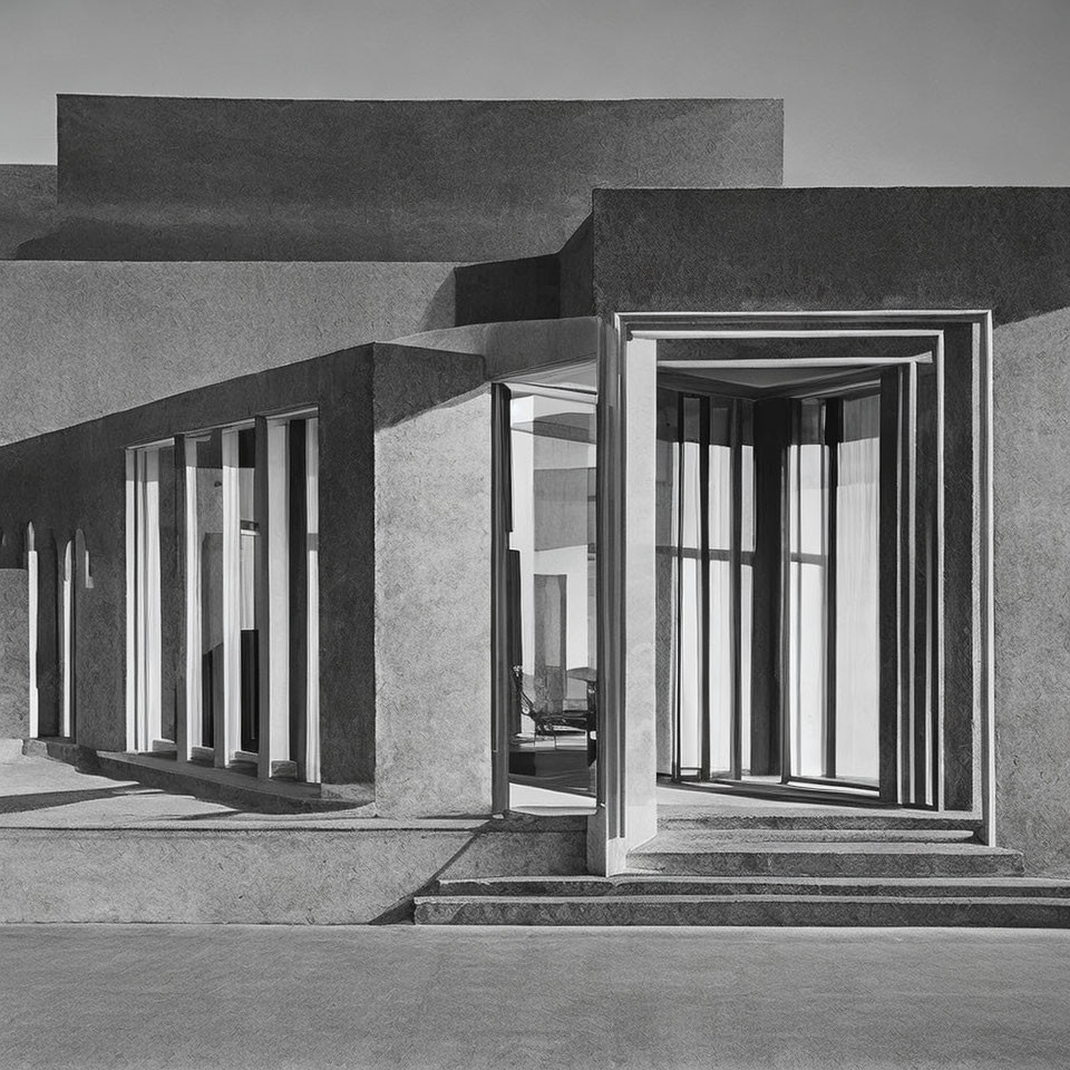 Monochromatic photo of modern building with rectangular structures