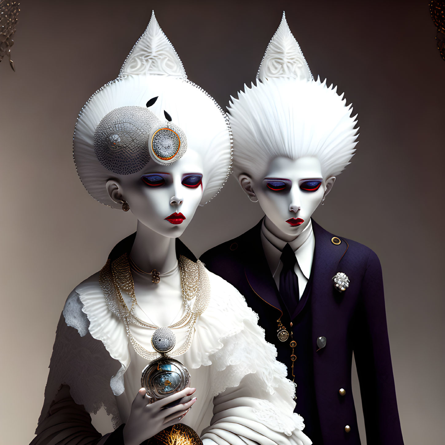 Stylized figures with white hair, pale skin, dark lips, artistic makeup, ornate jewelry