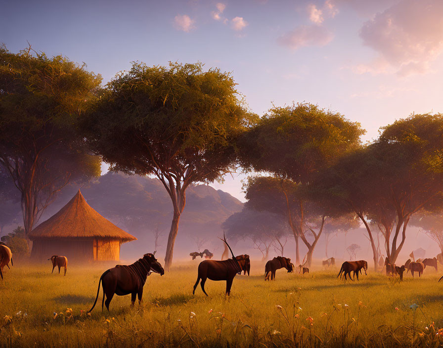 Sunrise African savannah with thatched hut, acacia trees, wildebeests grazing