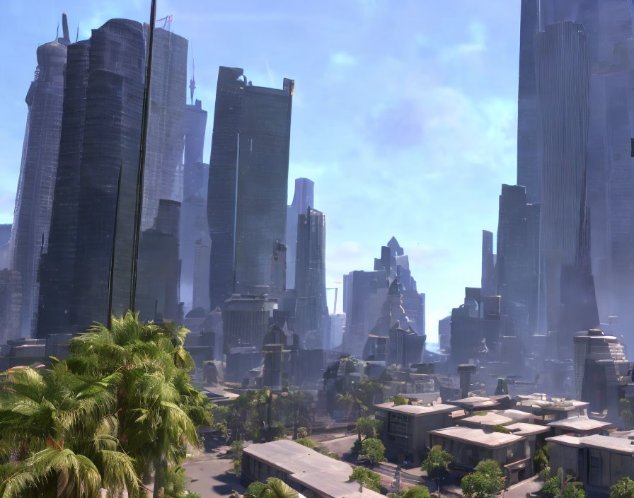 Futuristic cityscape with towering skyscrapers and lush greenery under a haze-filled sky