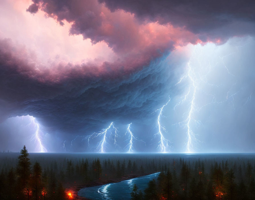 Dramatic thunderstorm with lightning strikes over forest and river at dusk