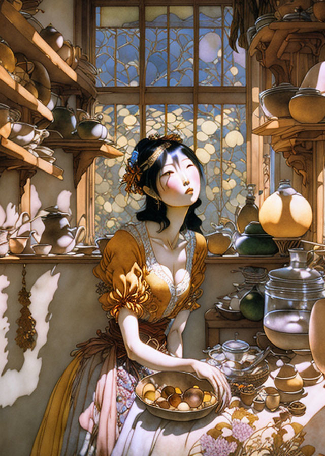 Illustrated woman in historical dress daydreams by window with golden kitchenware and sunlight.