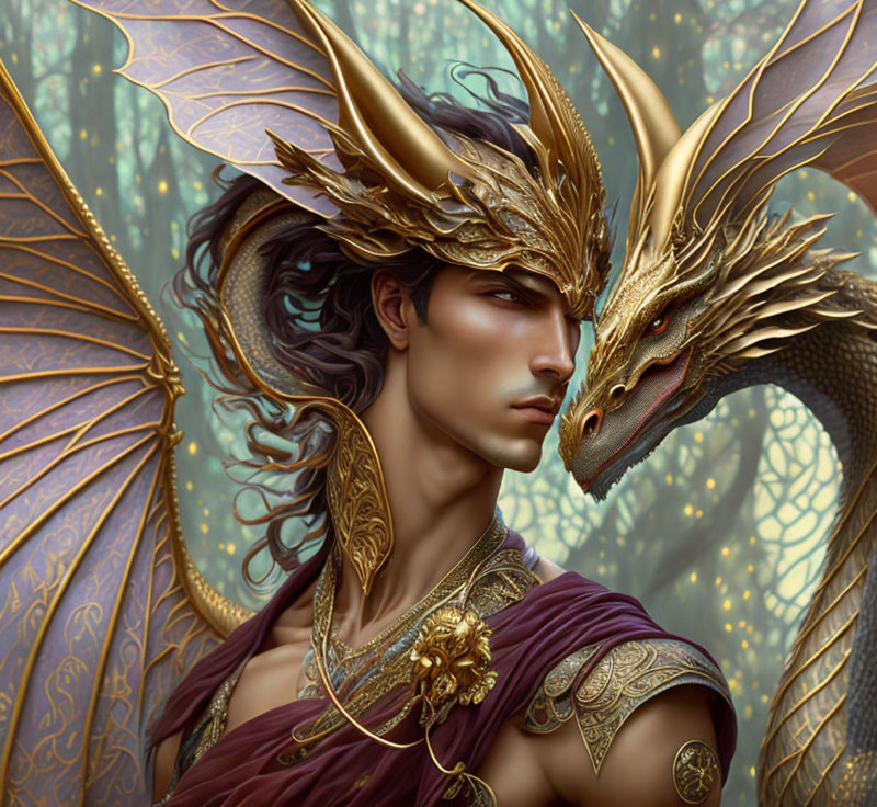 Dragon-themed headdress and golden dragon with intricate textures in a fantasy setting