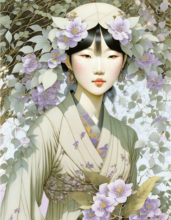 Traditional Asian woman in floral landscape wearing a hat.