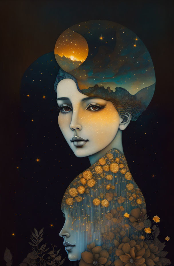 Cosmos-themed surreal artwork of a woman with moon phases, starry sky, and floral silhouette