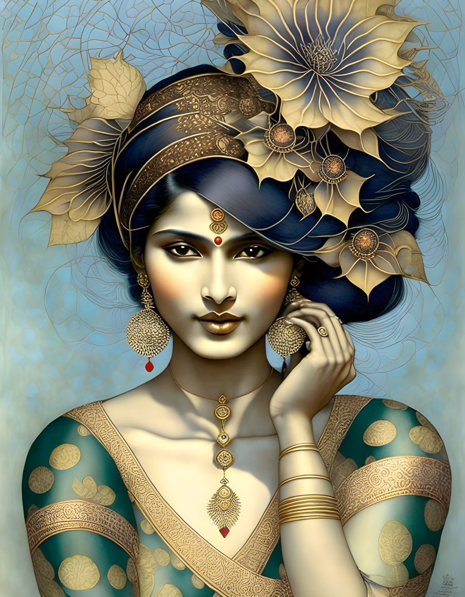 Detailed Indian woman illustration in traditional attire with jewelry on floral backdrop