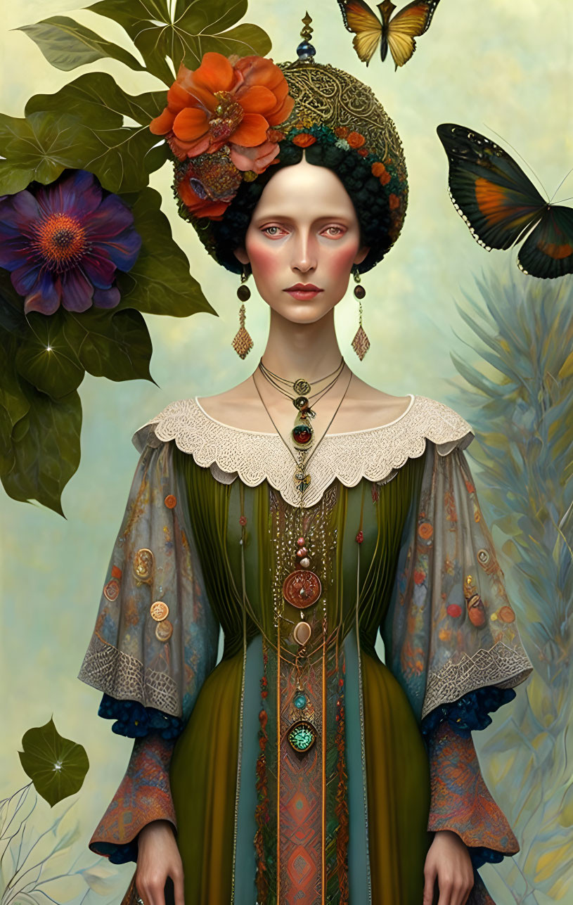 Fantasy-style artwork of woman in ornate clothing with leaves, flowers, and butterfly