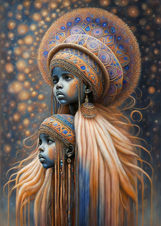 Ornate celestial headdresses on two figures against starry backdrop