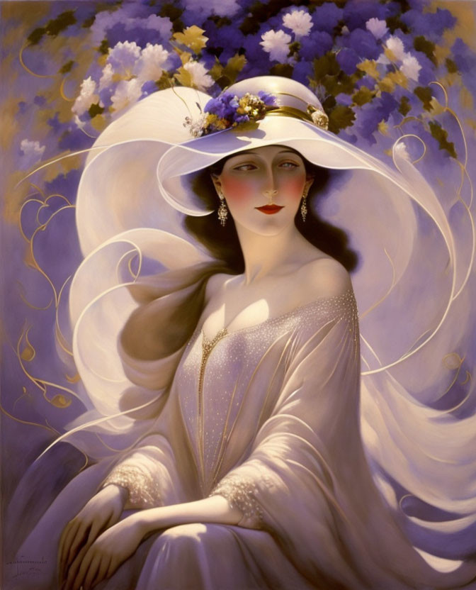 Stylized painting of woman in white dress and hat with flowers, amid lilac flowers