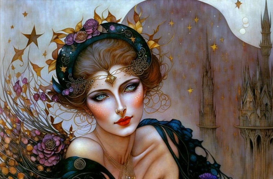 Illustrated portrait of woman with jeweled headpiece, surrounded by flowers and starry accents