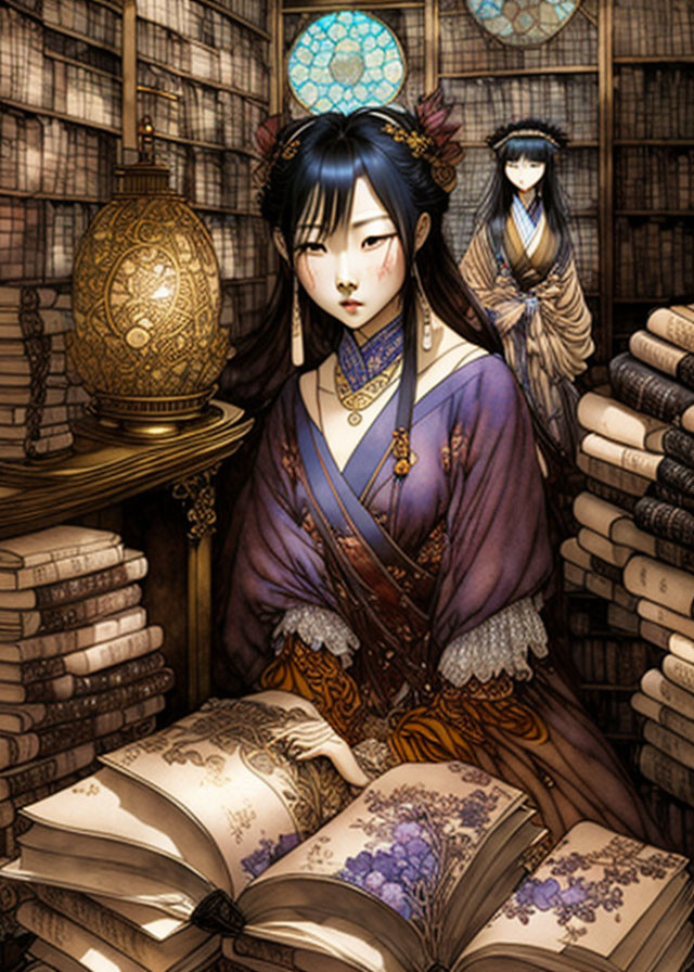 Illustrated woman in traditional attire reading book in library setting.