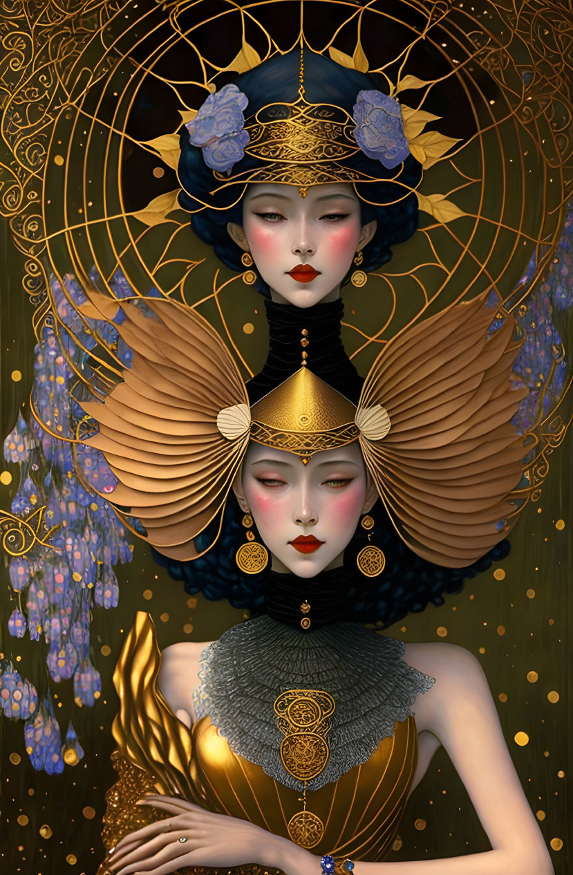 Stylized female figures with ornate gold headpieces on dark background