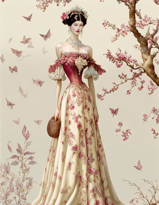 Detailed Floral-Patterned Gown with Puffed Sleeves and Butterflies