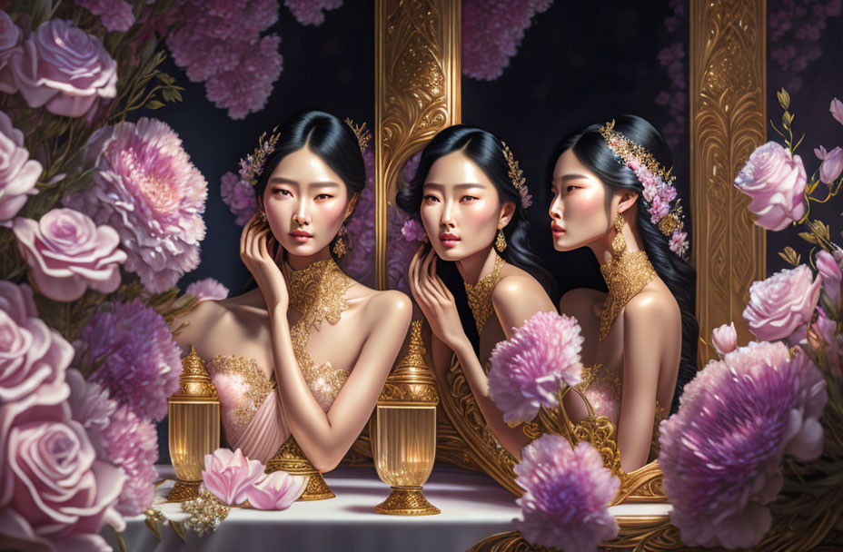 Three women with floral adornments in mirror reflection among lush pink flowers