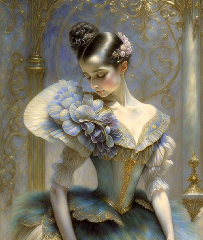 Woman in period dress holding blue flower in ornate gold room