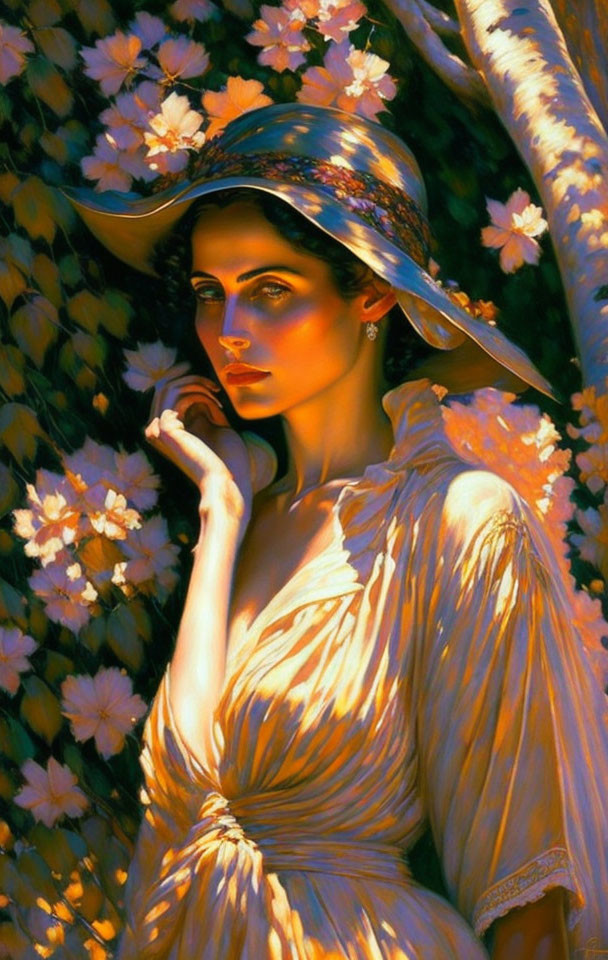 Portrait of woman in wide-brimmed hat, yellow dress, surrounded by pink flowers and birch