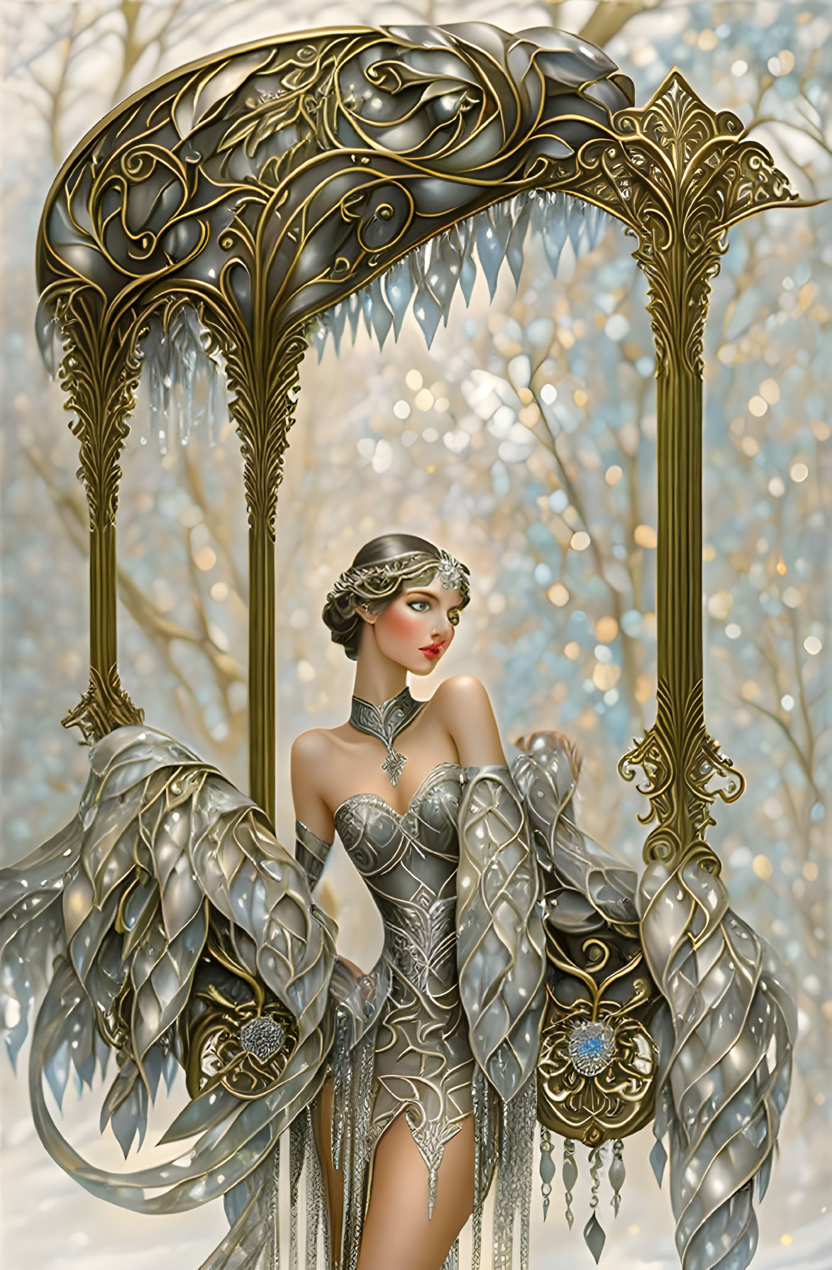 Ethereal woman in metallic costume with wings under ornate archway