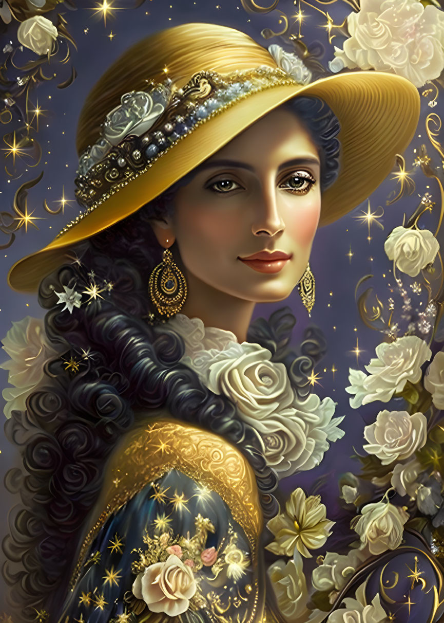 Digital painting: Elegant woman with dark curly hair, pearl hat, white collar, blue floral cloak,