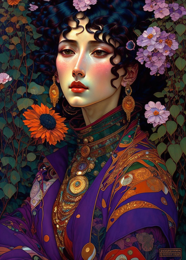 Digital artwork: Woman with dark hair, gold jewelry, purple attire, surrounded by dark floral patterns