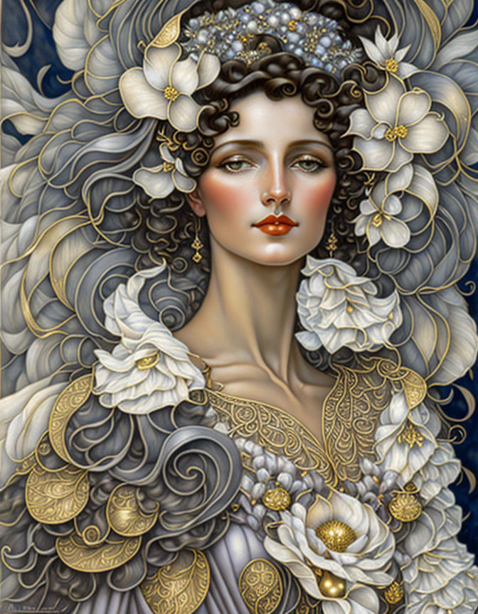 Detailed illustration: Woman adorned with floral and feather motifs in gold, white, and gray.