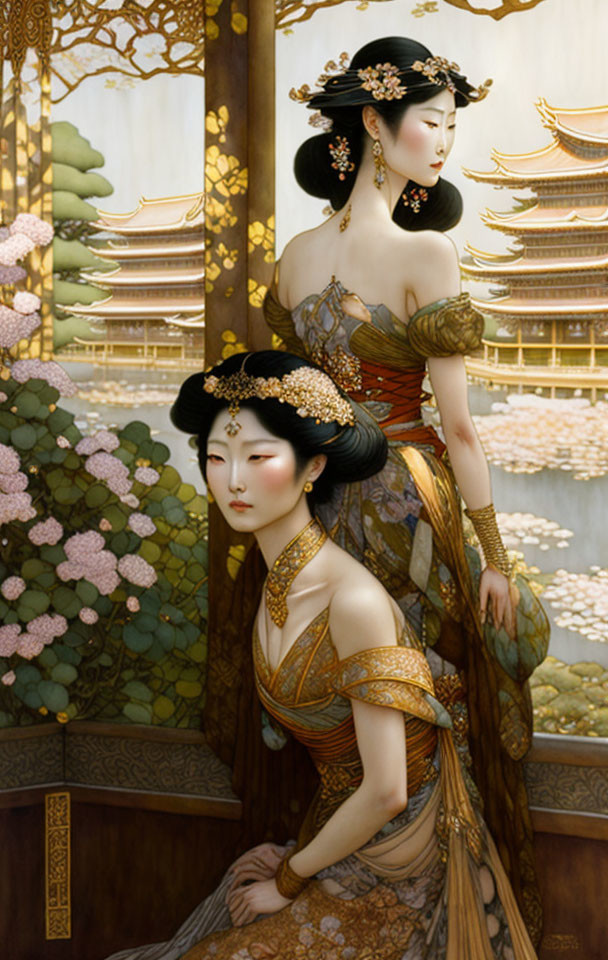 Elegantly dressed women in traditional Asian attire amid golden architecture.