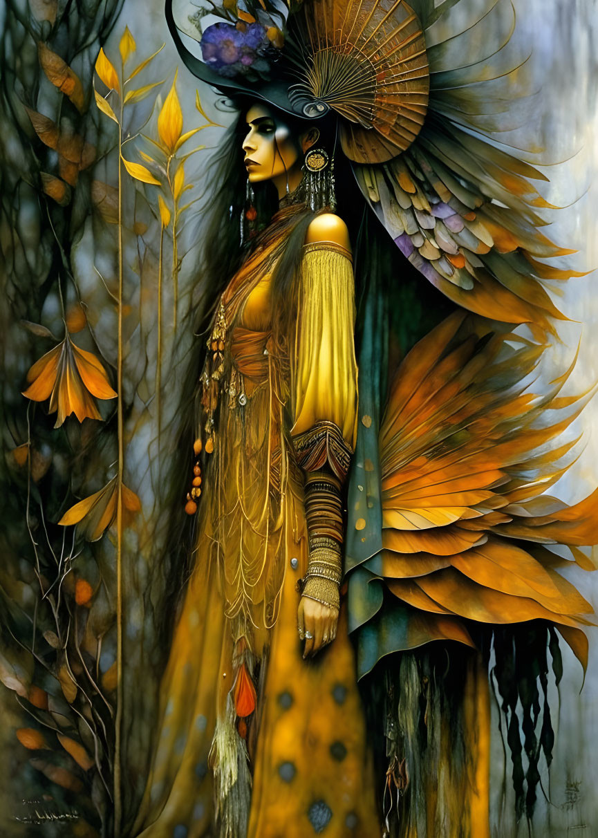 Woman with Feathered Wings & Elaborate Hat in Forest Setting