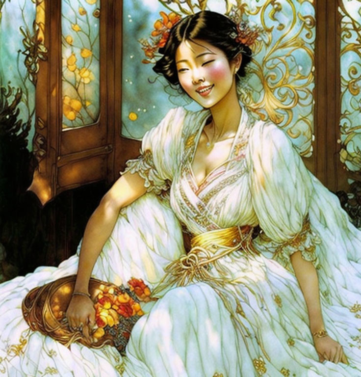 Smiling woman in white dress with golden accents holding fruit bowl by floral window