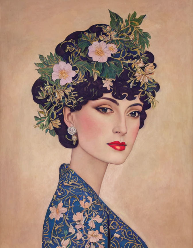 Vintage-style illustration of a woman in floral headdress and blue dress