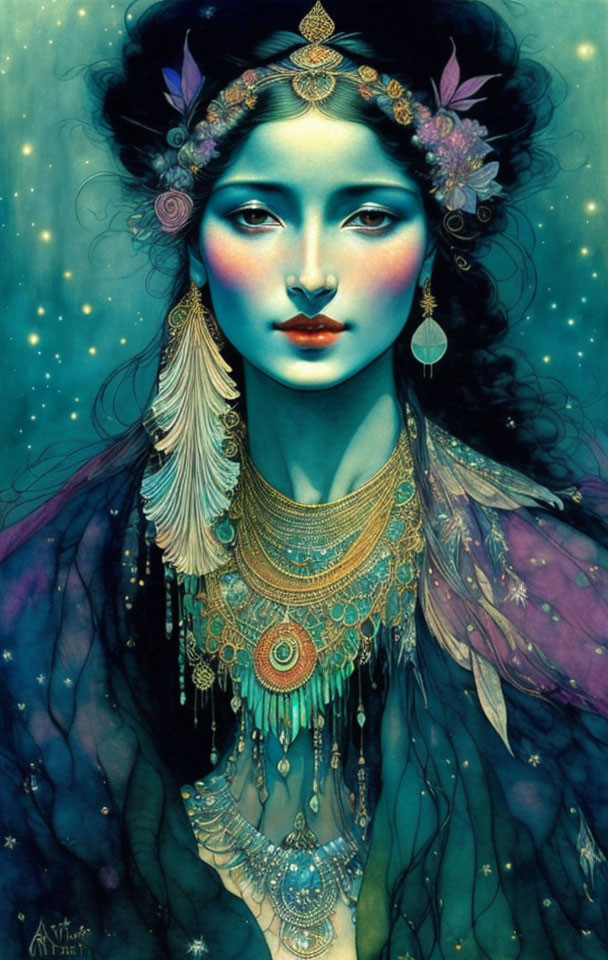 Ethereal woman adorned with gold jewelry and flower crown on starry blue backdrop