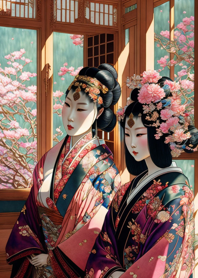 Traditional Japanese women in kimonos near cherry blossoms.