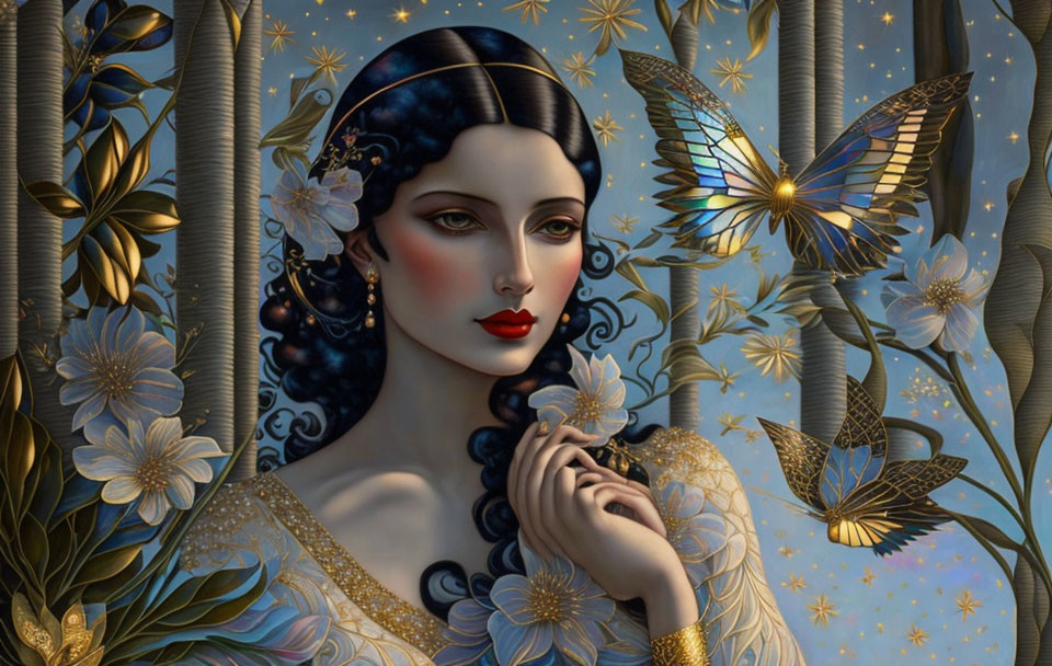 Illustration of woman in golden foliage with ethereal butterflies on starry background