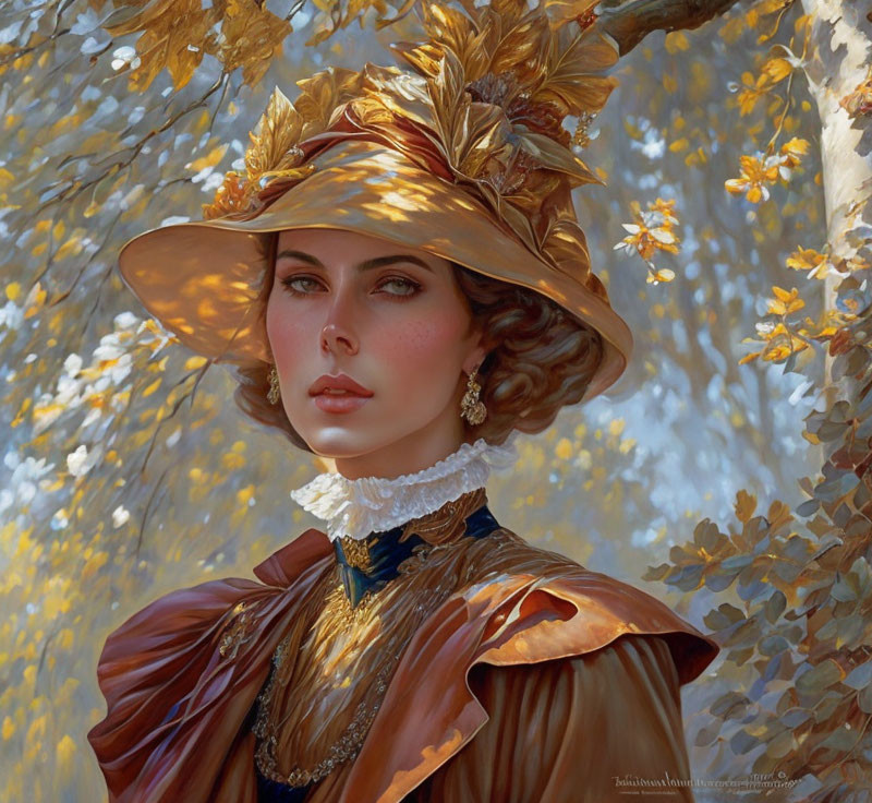 Elegant woman in golden hat and Victorian attire under golden leaf canopy