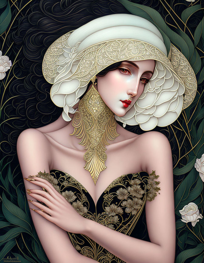 Portrait of woman with pale skin, dark hair, red lips, black gown, white hat with gold