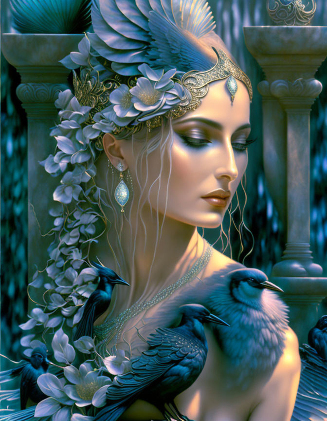 Fantasy illustration of woman with peacock feathers, ornate jewelry, surrounded by peacocks in