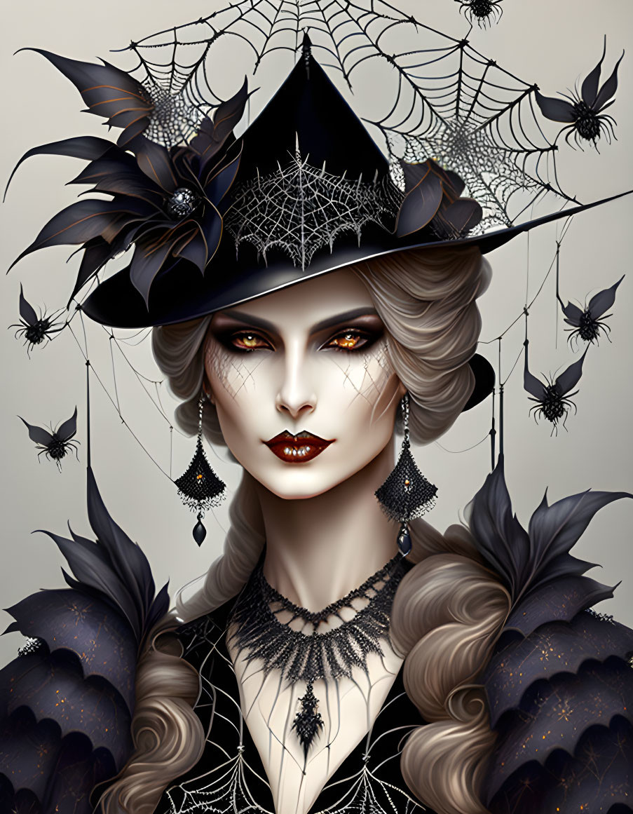 Pale-skinned woman with gothic makeup, spider web hat, and dark attire