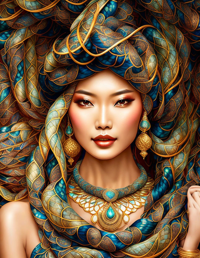 Woman with ornate snake-like hair and gold jewelry.