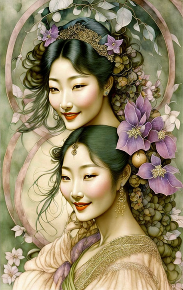 Asian women illustration with floral hairpieces and elegant attire against floral backdrop