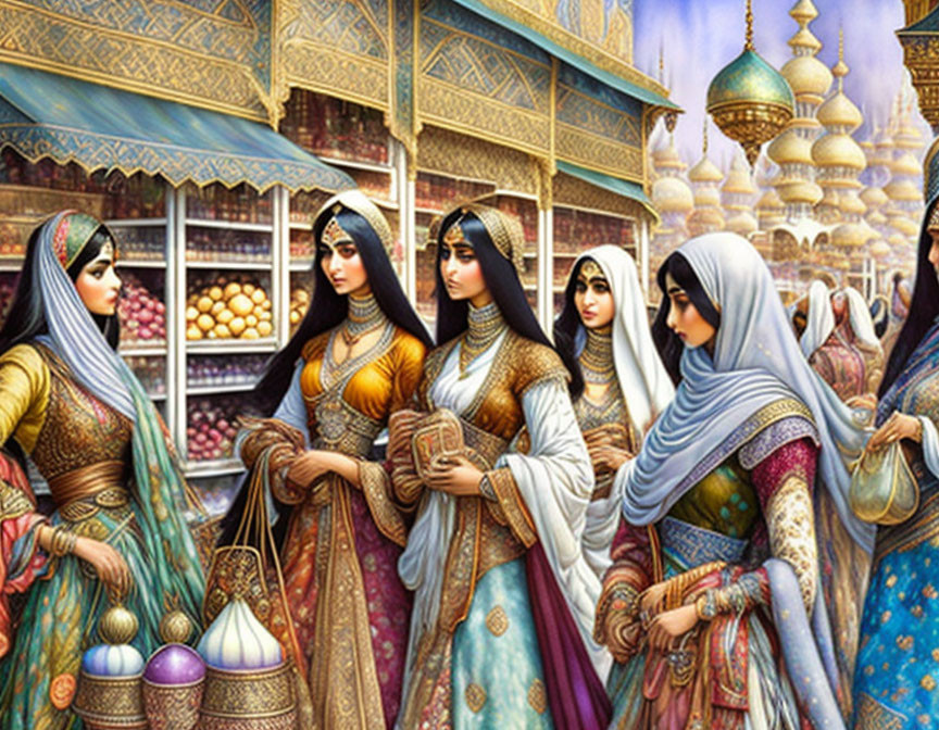 Five women in traditional Middle Eastern attire at a vibrant market with intricate architecture and colorful wares.