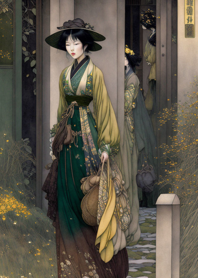 Traditional Asian Attire Woman with Wide-Brimmed Hat and Bag in Floral Scene