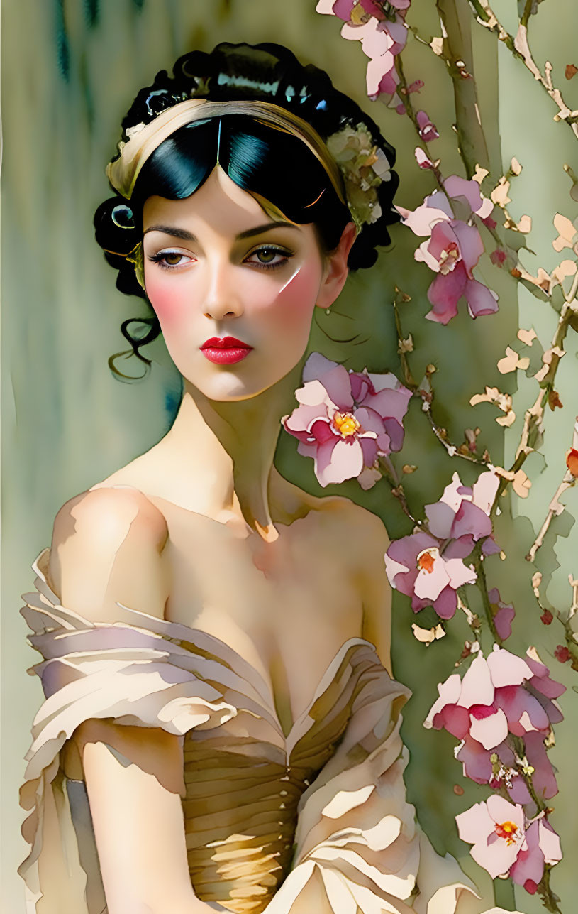 Stylized portrait of woman in black headband with pink flowers, dramatic makeup, ruffled beige