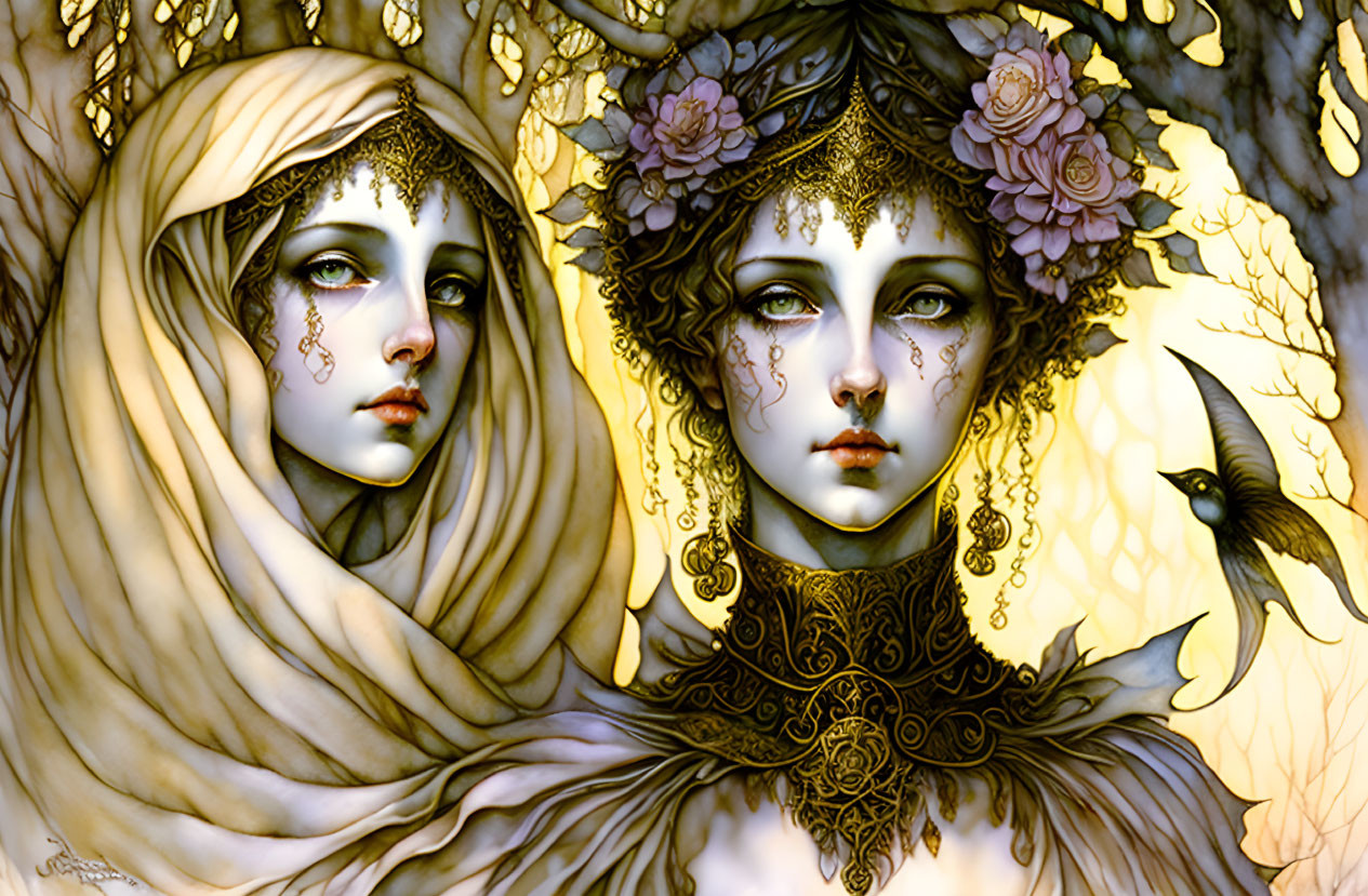 Ethereal women with jewelry and floral crowns in golden setting