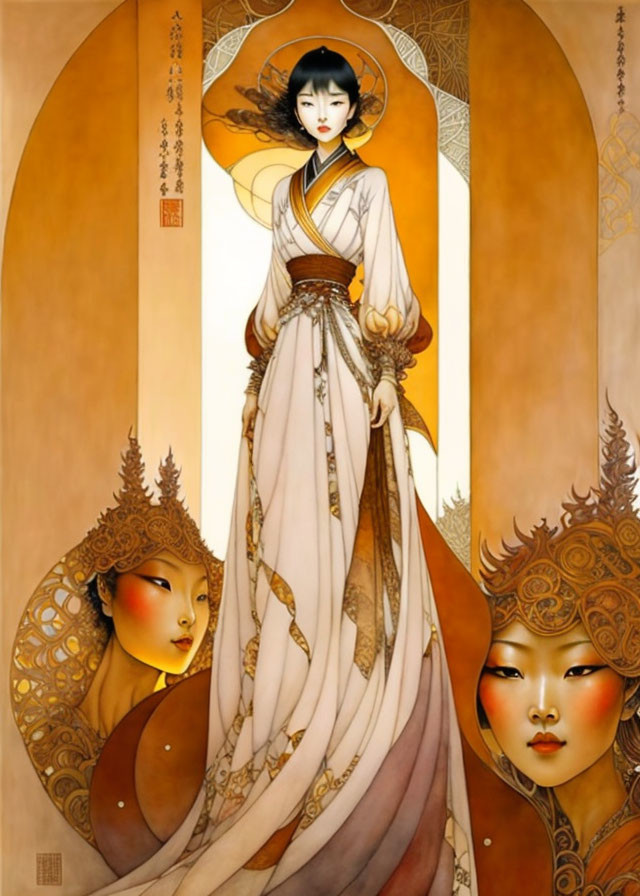 Traditional Asian Attire Illustration with Stylized Faces