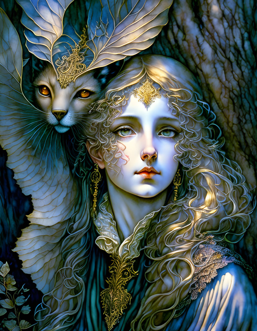 Fantasy illustration of pale woman with blond hair and majestic winged cat.