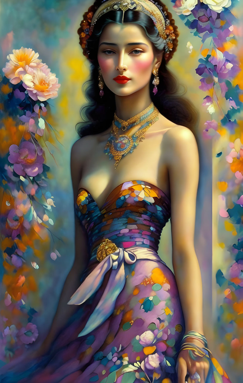 Detailed illustration of elegant woman with elaborate headpiece, surrounded by colorful flowers in strapless floral dress and