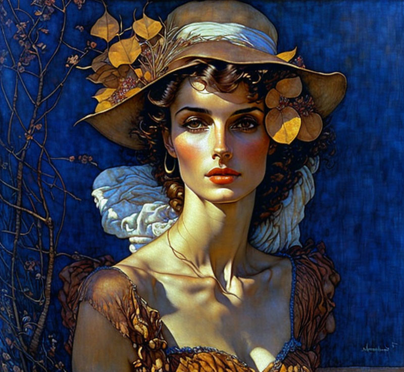 Portrait of woman in wide-brimmed hat and brown dress on blue background