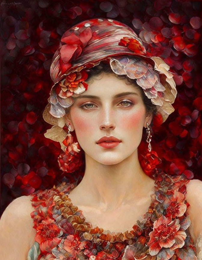 Woman with Floral Headdress and Red Blooms Background