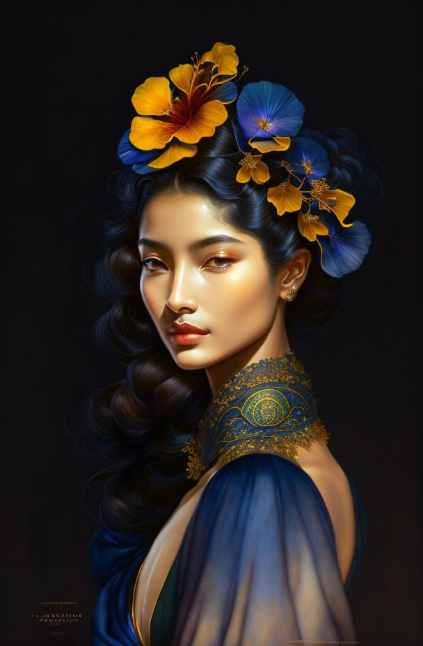 Digital portrait of a woman with blue and gold floral hair accessories and dark wavy hair.