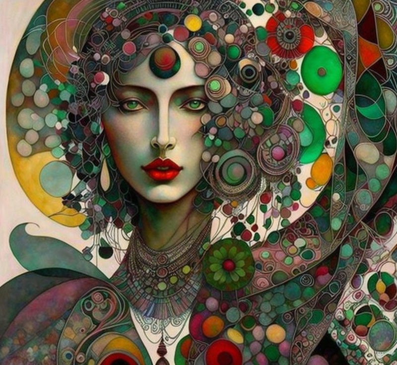 Colorful psychedelic woman surrounded by intricate circular patterns