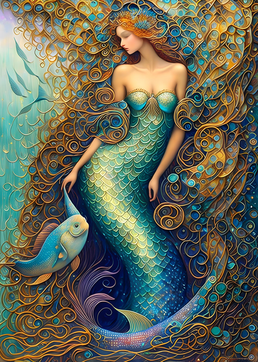 Detailed Mermaid Illustration with Fish in Fantasy Sea Scene